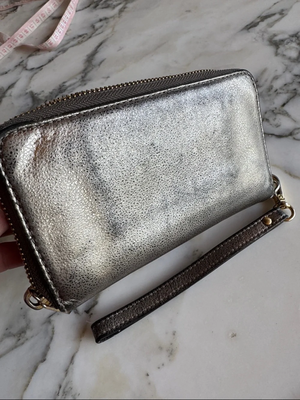 Michael Kors Metallic Pewter Leather Zip Around Wristlet Wallet Gold Hardware